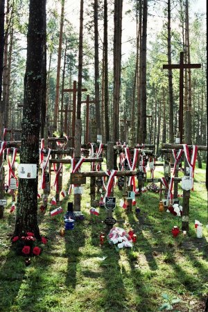 Krzyże ustawione na mogiłach pomordowanych policjantów