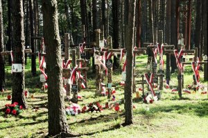 Brzozowe krzyże przywiezione przez rodziny pomordowanych, w tle stalowe krzyże postawione na mogiłach