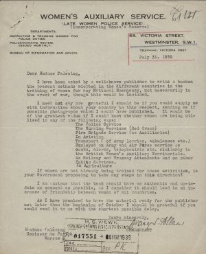 Pismo Komendantki brygady kobiecej Scotland Yardu Mary S. Allen do kom. Stanisławy Paleolog, Westminster 31 lipca 1939 rok