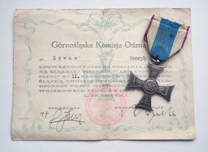 Krzyż i potwierdzenie nadania - Krzyża Na Śląskiej Wstędze Waleczność Za Zasługi, klasy II