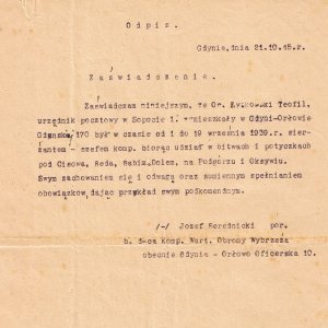 Zaświadczenie dotyczące Łytkowskiego Teofila wydane w 1945 roku