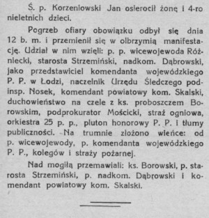 Notatka prasowa dotycząca osoby poległego na służbie post. Jana Korzeniowskiego