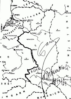 Mapa do tajnego protokołu paktu Ribbentrop-Mołotow. Fot. Wikimedia Commons