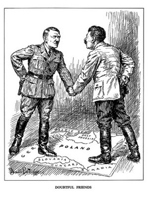 Ilustracja przedstawiająca sojusz III Rzeszy i ZSRR pieczętujący IX Rozbiór Polski