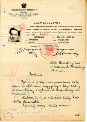 Zaświadczenie rehabilitacyjne i podanie Stanisławy Lenk z 1947 roku