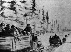 Transport więźniów odkrytymi ciężarówkami po drodze z drewnianych okrąglaków w okolicy Kotłasu w lutym 1940 roku Rysunek nieznanego łagiernika