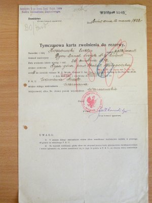 Tymczasowa karta zwolnienia Wiktora Hoszowskiego do rezerwy, 1923 rok