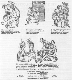 Karykatury sowieckie w pierwszą rocznicę agresji. Polskojęzyczny „Czerwony Sztandar” Lwów, wrzesień 1940 r.