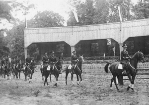 Grupa policjantów na koniach podczas zawodów