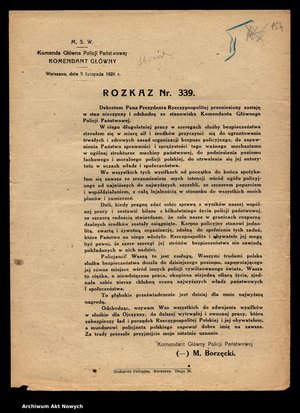 Ostatni Rozkaz Komendanta Głównego Policji Państwowej M. Borzęckiego, Nr 339 z 5 listopada 1926 r. AAN