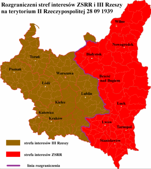 Mapa przedstawiająca rozgraniczenie stref interesów III Rzeszy i ZSRR po 28.09.1939 r. Fot. Wikimedia Commons