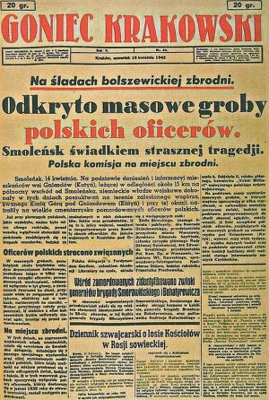 Pierwsza strona Gońca Krakowskiego z informacją o odkryciu grobów polskich oficerów