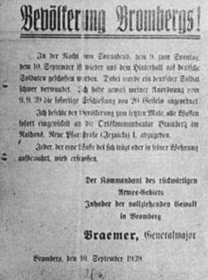 Obwieszczenie podpisane przez generała Waltera Braemera, informujące o rozstrzelaniu 20 zakładników w dniu 9 września 1939 r.
